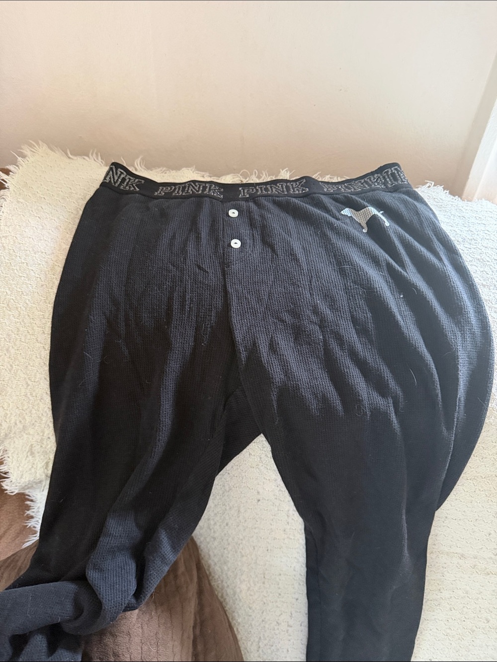 PINK Victoria's Secret womens Black Waffle Knit Long Underwear Bottoms